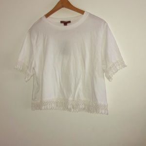 F21 white crop top with floral knitting